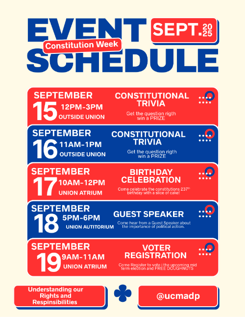 2025 Constitution Week, September 15 through 19, Schedule of Events:  Monday, 9/15/25, Noon - 3 PM -  Constitution Trivia and History, Elliott Student Union Mall, Tuesday, 9/16/2025, 11 AM - 1 PM - Constitution and Election Trivia, Elliott Student Union Mall,  Wednesday, 9/17/2025, 10 AM - Noon - Celebrate the Constitution's Birthday, Elliott Student Union Atrium , Thursday, 9/18/2025, 5-6 PM - Guest Speaker, Elliott Student Union Auditorium, Friday, 9/19/2025, 9-11 AM - Voter Registration, Elliott Student Union Atrium
