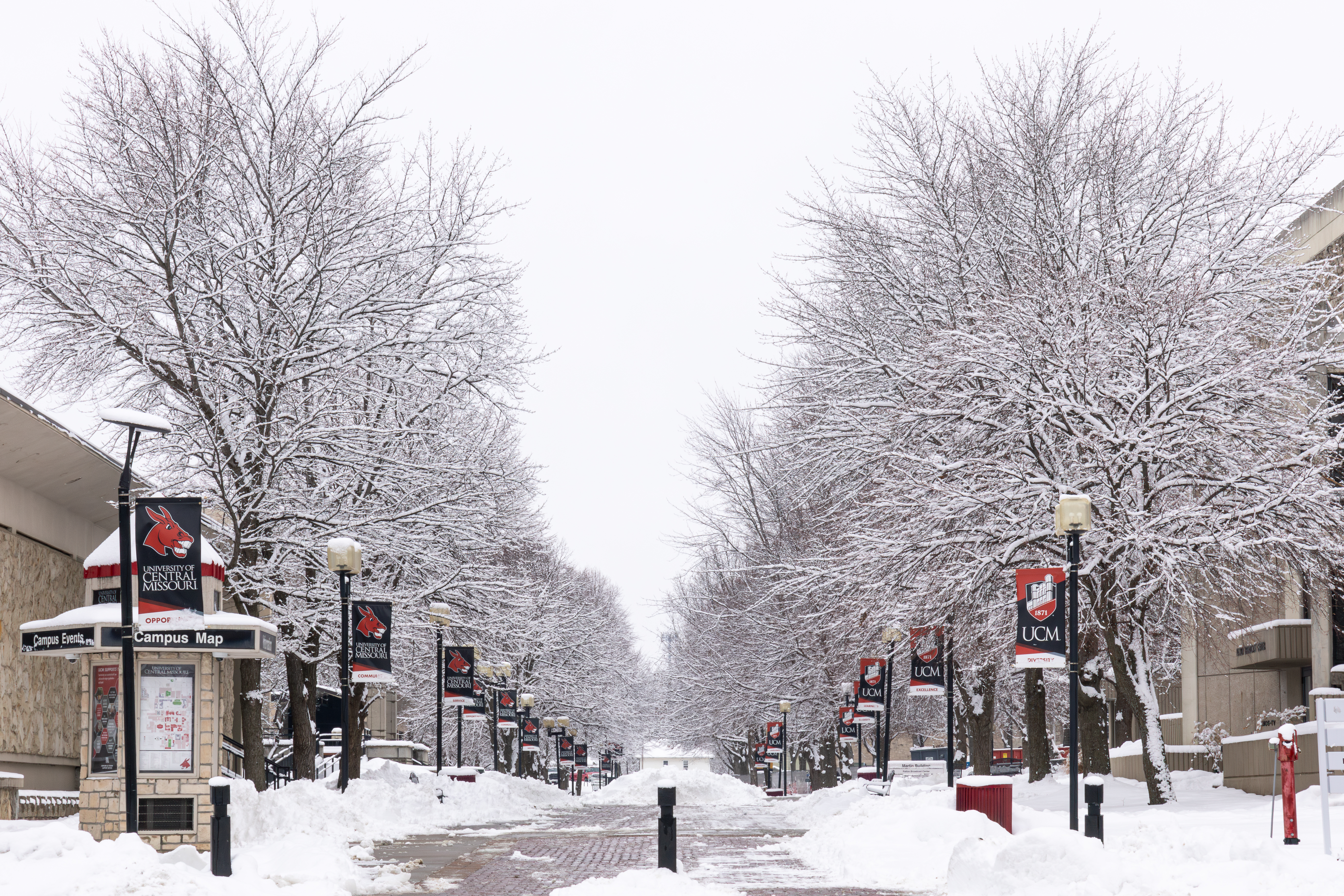 The UCM campus is pictured after a snowfall