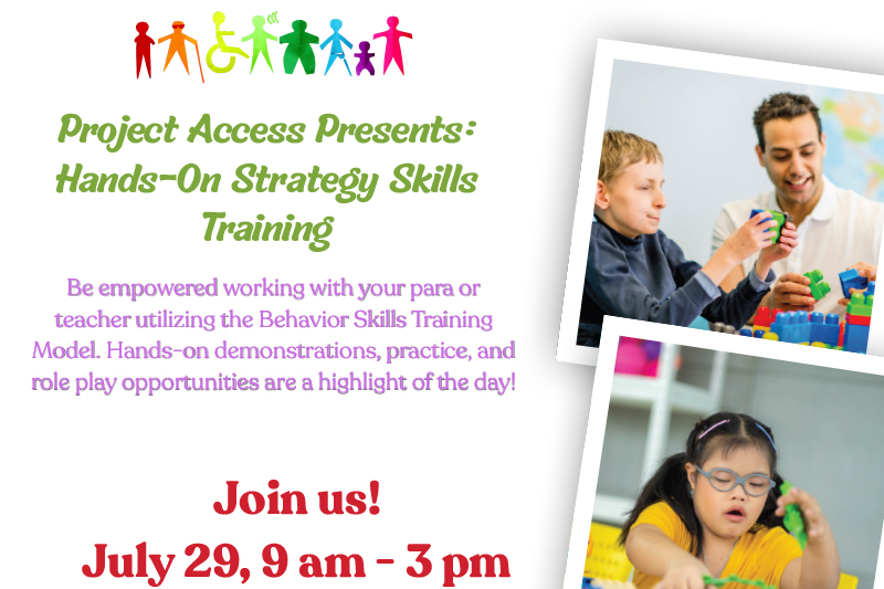A graphic with special needs students and the text - Project Access Presents: Hands-on strategy skills training