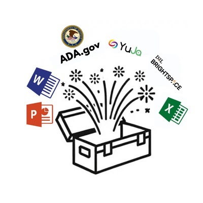 A graphic of an open toolbox with various logos flying out from within. Logos include Microsoft Word, Powerpoint, and Excel. Additonal logos for Blackboard, Ally, and the ADA.gov website