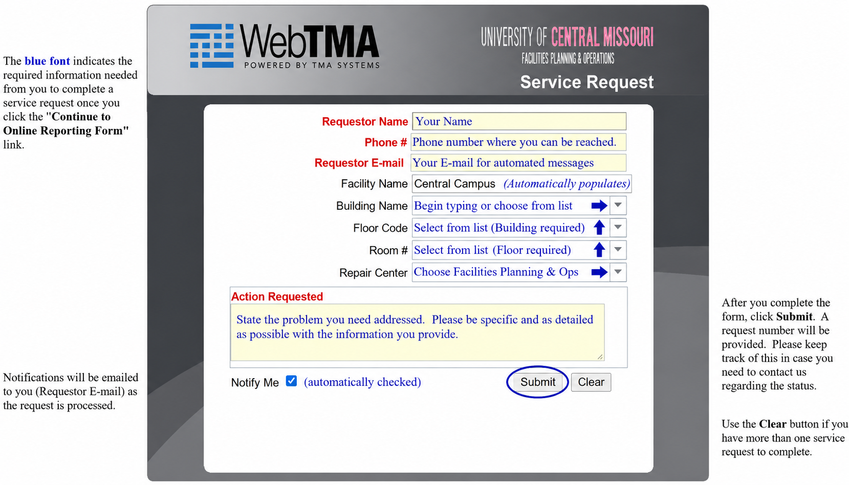 A screenshot of the WebTMA Service Request screen